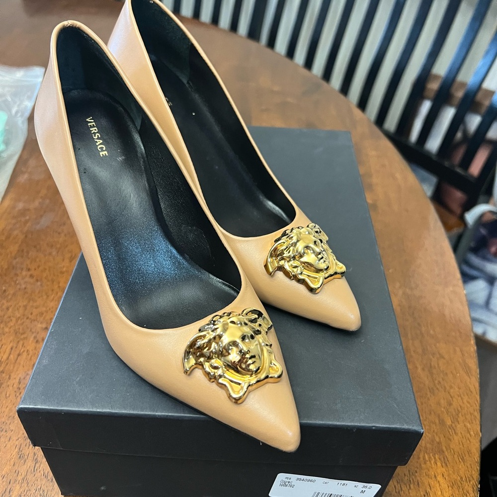 Versace Tan Gold Heels with Iconic Medusa Design